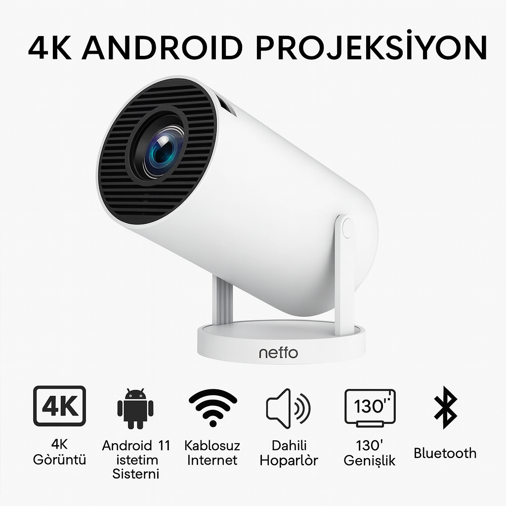 Android Akıllı Projeksiyon Cihazı 4K | Taşınabilir WiFi Bluetooth LED Projektör | Ev Sineması – Otomatik Odaklama + Kumanda Dahil