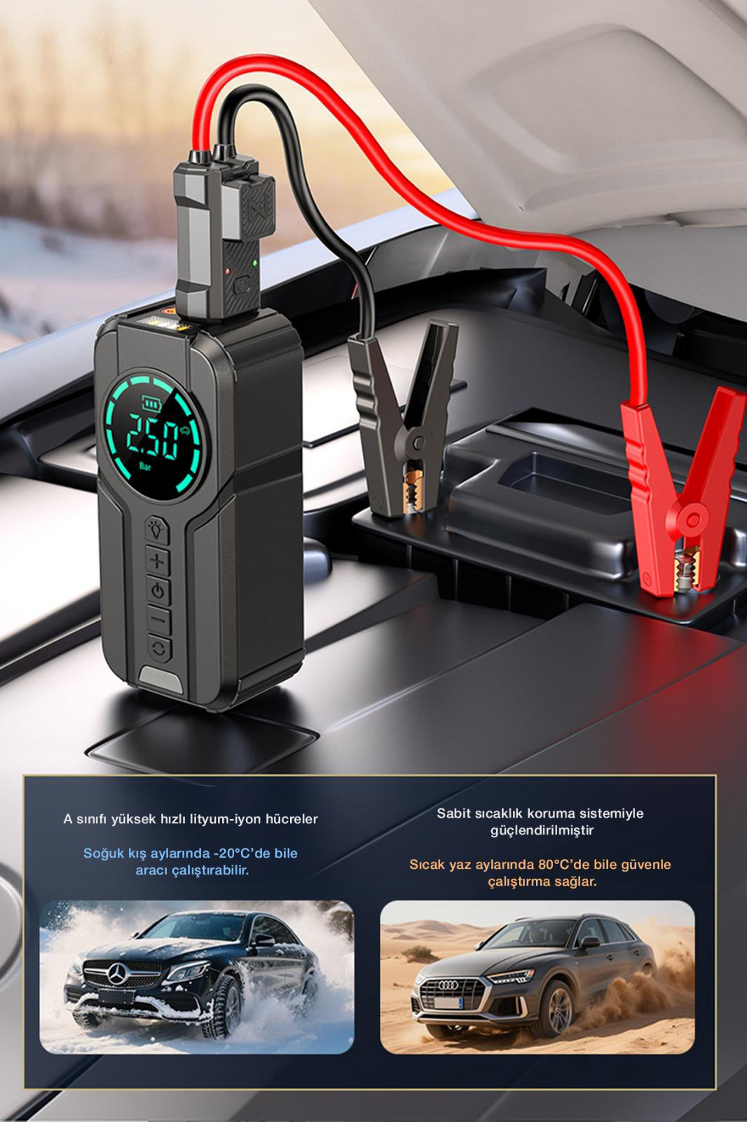 3'ü 1 Arada Mega Set: 10.000 mAh Powerbank + Araç Akü Takviye + Dijital Hava Pompası