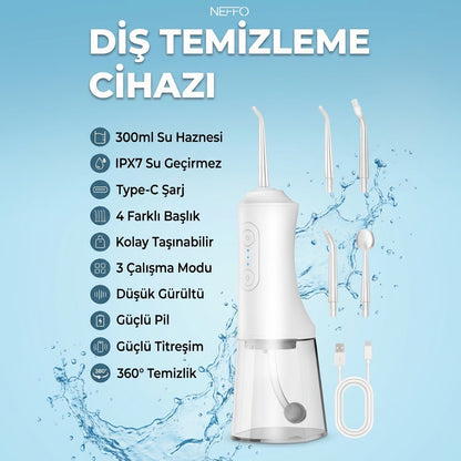Şarjlı Ağız Duşu – 4 Başlık, IPX7, Type-C, 45 Gün Pil Ömrü , 300ml su haznesi