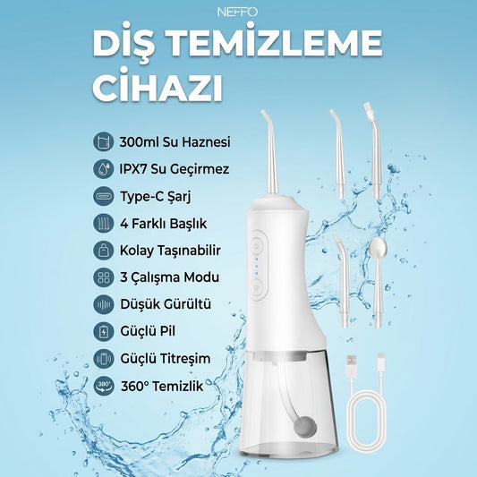 Şarjlı Ağız Duşu – 4 Başlık, IPX7, Type-C, 45 Gün Pil Ömrü , 300ml su haznesi
