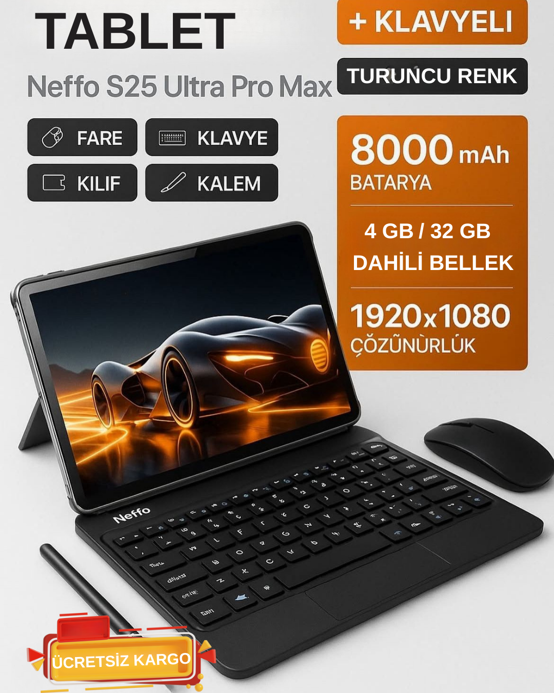 NEFFO S25 Ultra Pro Max 10.1” FHD Tablet – 4GB RAM, 32GB, 8000 mAh, Klavyeli Set