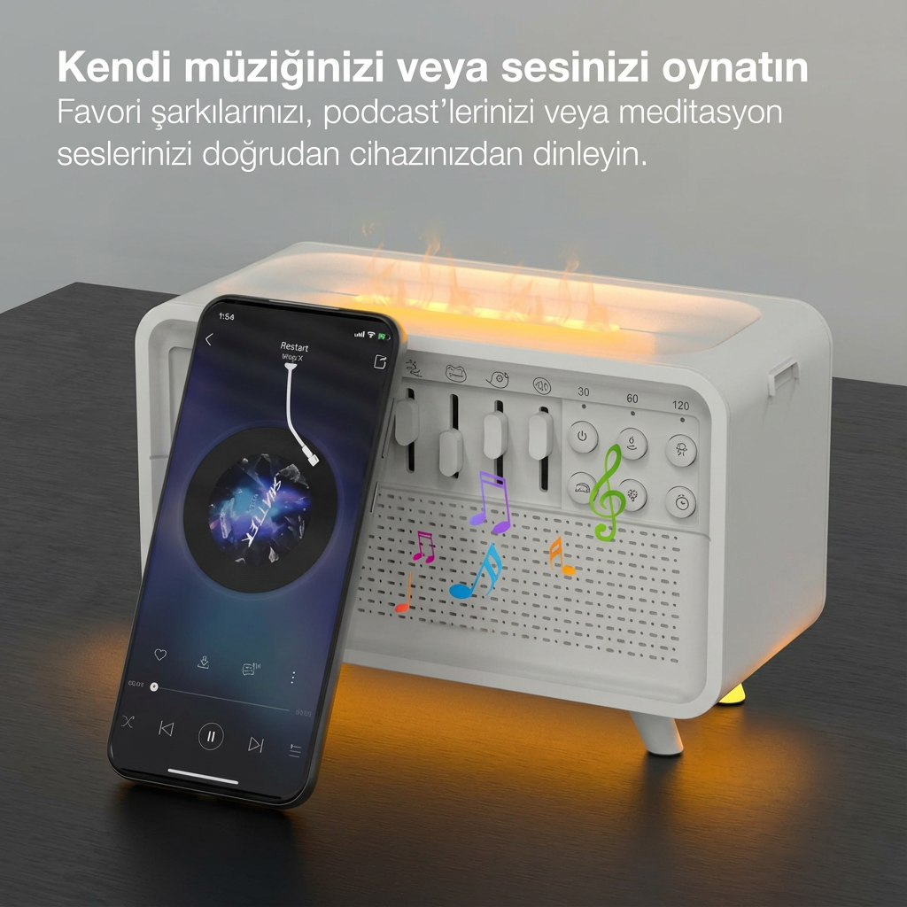 Bluetooth Hoparlörlü Hava Nemlendirici – White Noise & Alev Efekt