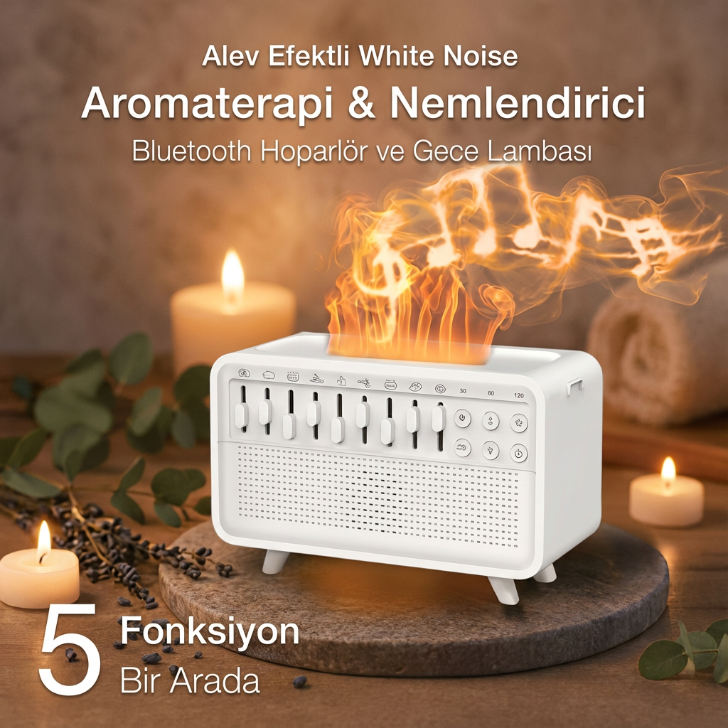 Bluetooth Hoparlörlü Hava Nemlendirici – White Noise & Alev Efekt