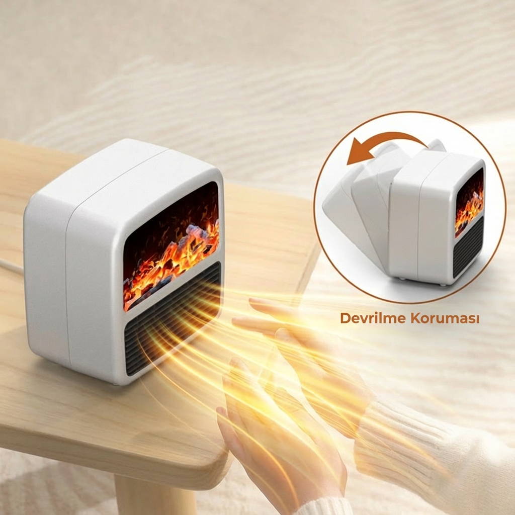 Alev Efektli Akıllı Mini Isıtıcı – Taşınabilir Elektrikli Masaüstü Fanlı Isıtıcı Beyaz