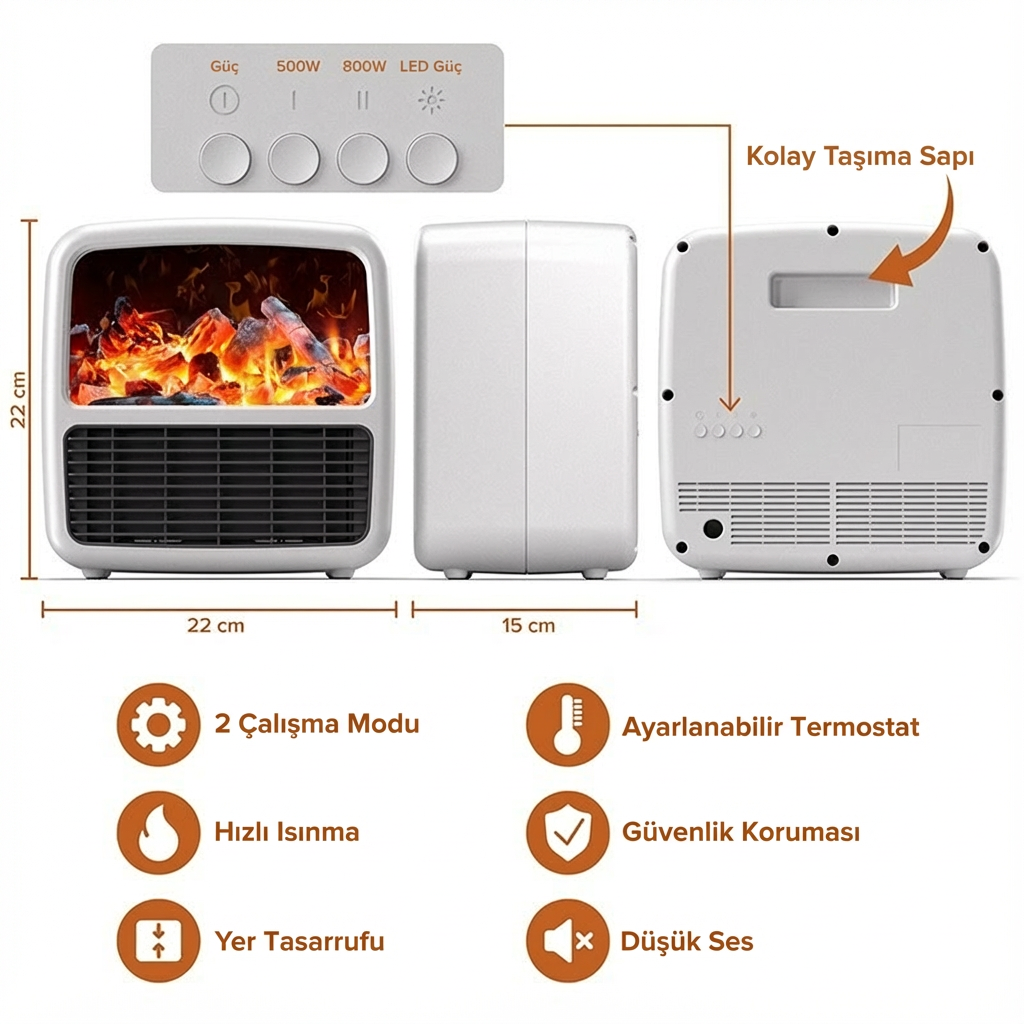 Alev Efektli Akıllı Mini Isıtıcı – Taşınabilir Elektrikli Masaüstü Fanlı Isıtıcı Beyaz