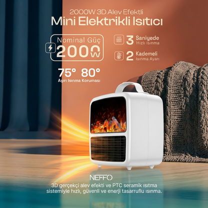Alev Efektli Akıllı Mini Isıtıcı – Taşınabilir Elektrikli Masaüstü Fanlı Isıtıcı Beyaz
