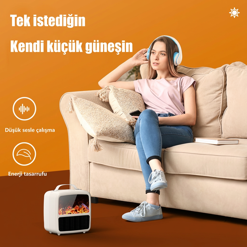 Alev Efektli Akıllı Mini Isıtıcı – Taşınabilir Elektrikli Masaüstü Fanlı Isıtıcı Beyaz