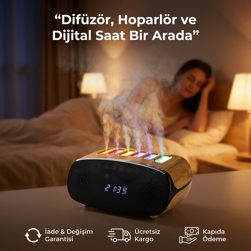 Difüzör Hava Nemlendirici – Bluetooth Hoparlörlü RGB Işıklı Dijital Saat