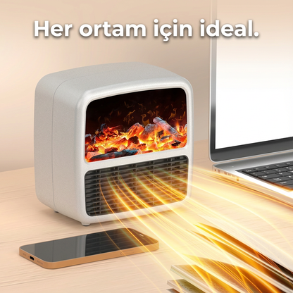 Alev Efektli Akıllı Mini Isıtıcı – Taşınabilir Elektrikli Masaüstü Fanlı Isıtıcı Beyaz