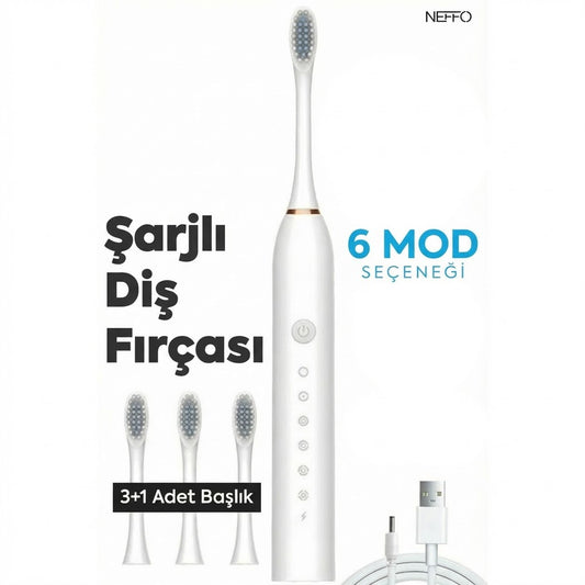 Şarjlı Elektrikli Diş Fırçası – USB Şarjlı, 3+1 Başlık, 6 modlu