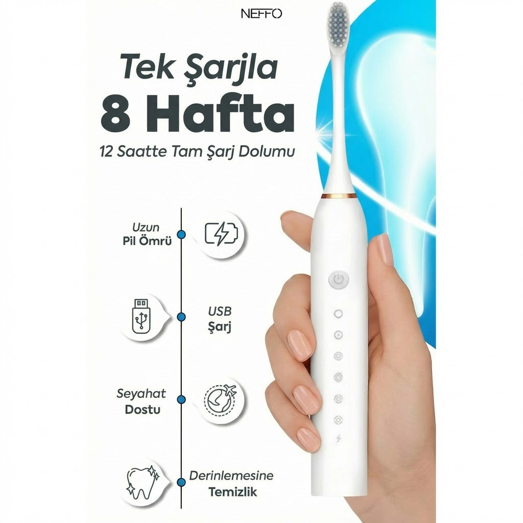 Şarjlı Elektrikli Diş Fırçası – USB Şarjlı, 3+1 Başlık, 6 modlu