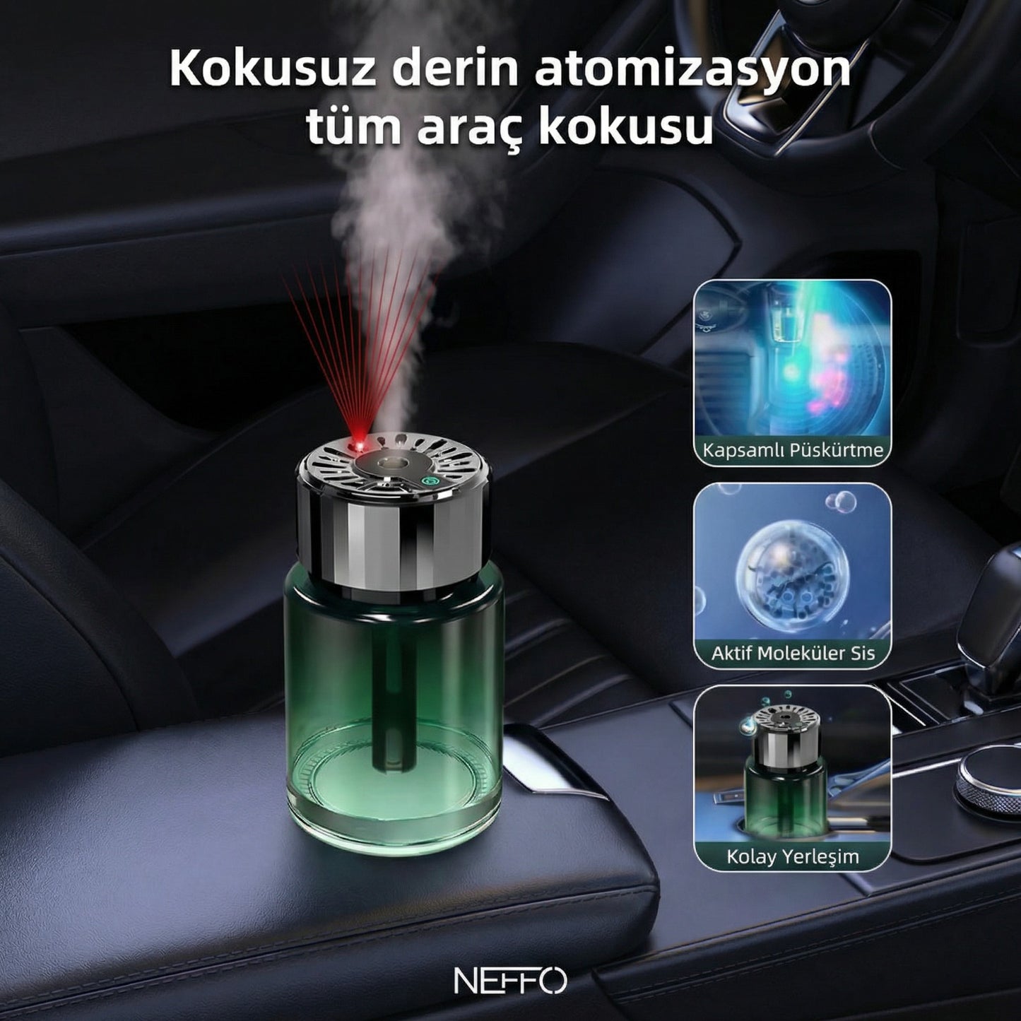 Araç İçi Otomatik Koku Makinesi – 160ML, Lazer Tavan Işığı, 300mAh