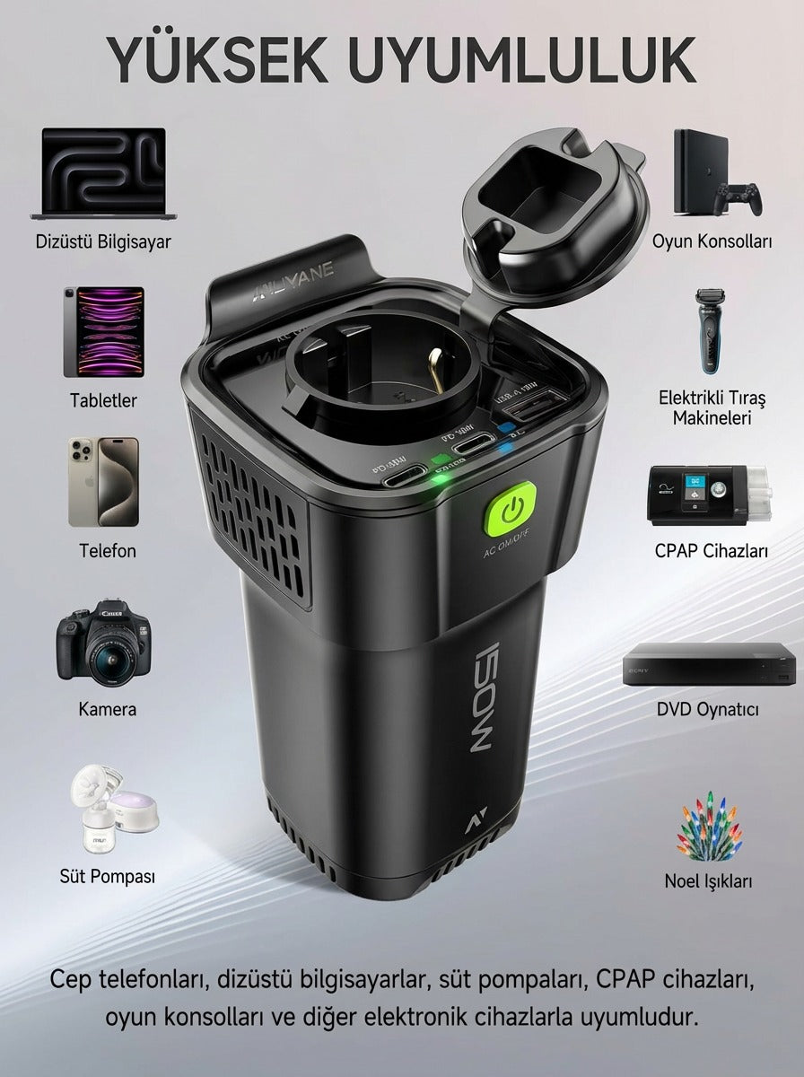 MOSI Araç İçi Taşınabilir İnverter 220V AC + USB | Bardaklık Tipi | Telefon, Laptop, CPAP Uyumlu