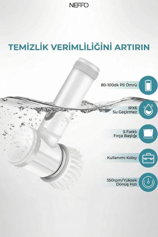 Şarjlı Çok Amaçlı Döner Temizlik Fırçası 5 Başlıklı